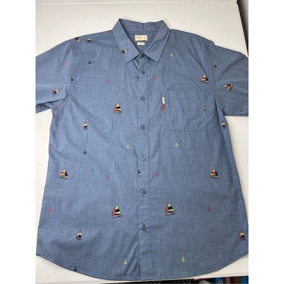 Walker Refinery Mens Button Down Shirt Size XL Sailboat Print Blue Short Sleeve - Picture 3 of 10